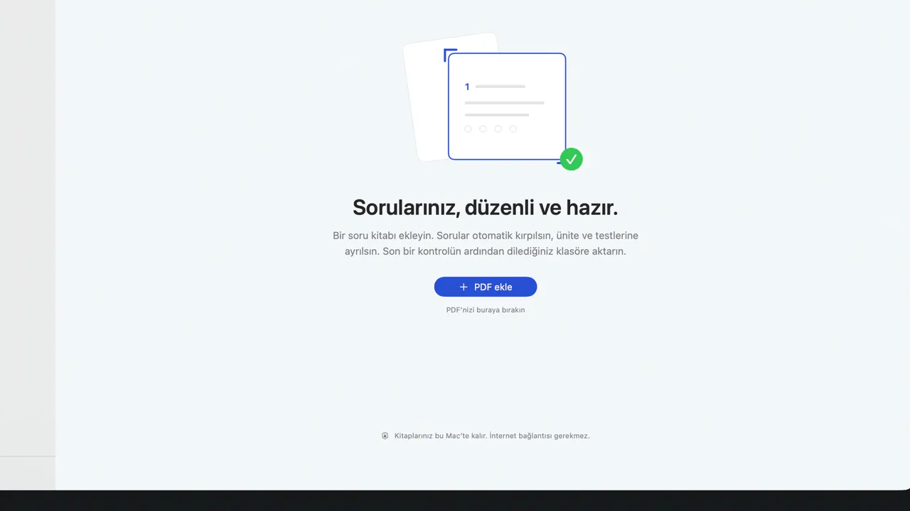 Otocropper filminden bir kare: uygulamanın ilk ekranı, «Sorularınız, düzenli ve hazır.» yazısı ve PDF ekle düğmesi.